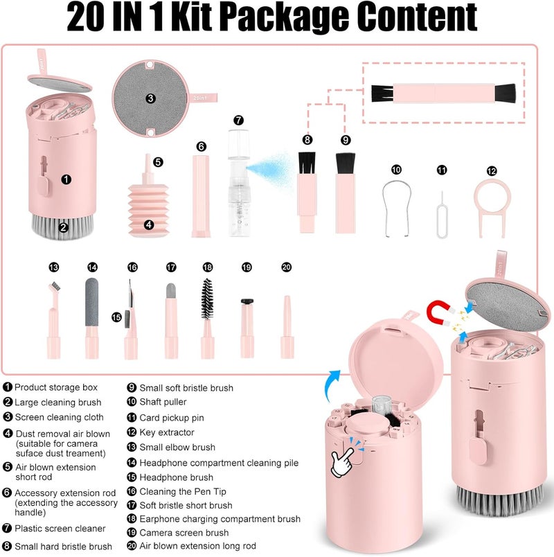 walrfid Laptop Phone Screen Cleaner Kit, Computer Keyboard Brush Cleaning Spray for iPhone AirPods MacBook iPad, 20-in-1 Electronic Device Clean Tool for Camera Earbud Car Screens (Pink) - Image 2